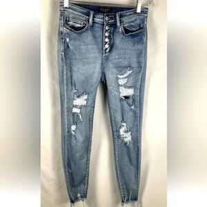 Judy Blue Jeans Women's 5/27 Skinny Fit Blue Stretch Denim Distressed Raw Hem